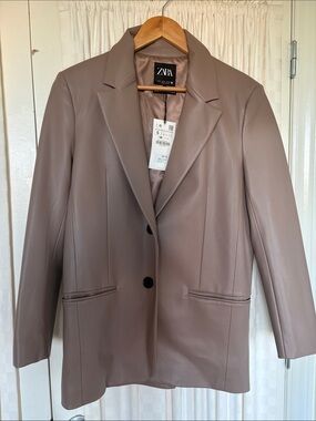 NWT ZARA Taupe Faux Leather Blazer Jacket